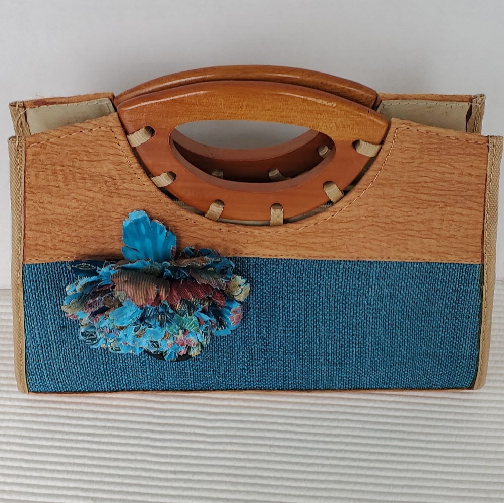 Fabric Purse Clutch Flower Wood Handle Blue Vintage Rectangle 12.5" x 8"